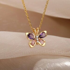 Gold Butterfly Pendant Necklace with Purple & Pink Gemstones – Elegant Women’s Jewelry