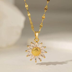 Gold Sunflower Crystal Pendant Necklace – Sparkling Floral Jewelry for Women