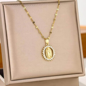Gold Virgin Mary Pendant Necklace with Crystal