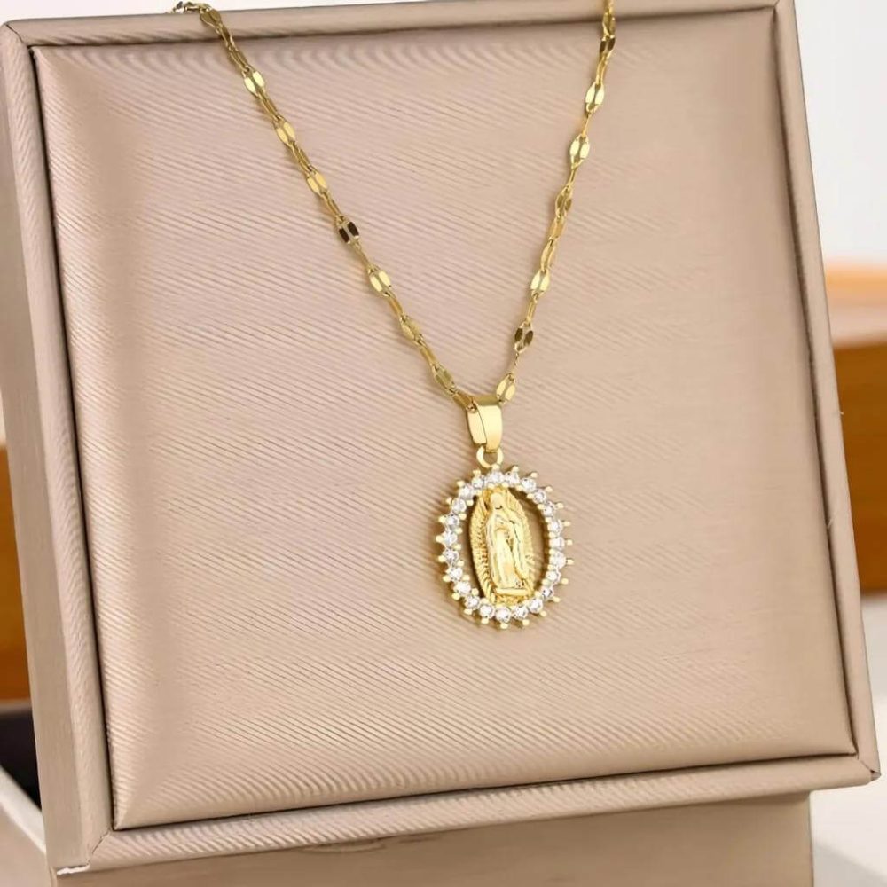 Gold Virgin Mary Pendant Necklace with Crystal